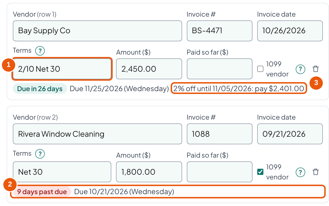 Tool rows for Bay Supply Co (2/10 Net 30, due 11/25/2026, 2% off until 11/05) and Rivera Window Cleaning (Net 30, 9 days past due)