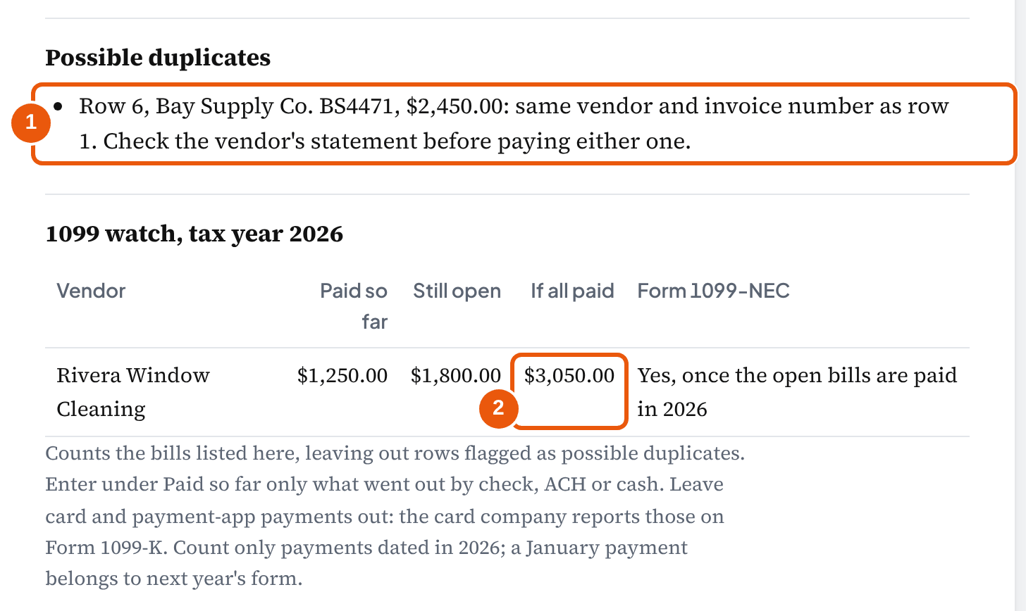 Tool report: row 6, Bay Supply Co. BS4471 $2,450.00, flagged as a possible duplicate of row 1; 1099 watch: Rivera Window Cleaning $3,050.00