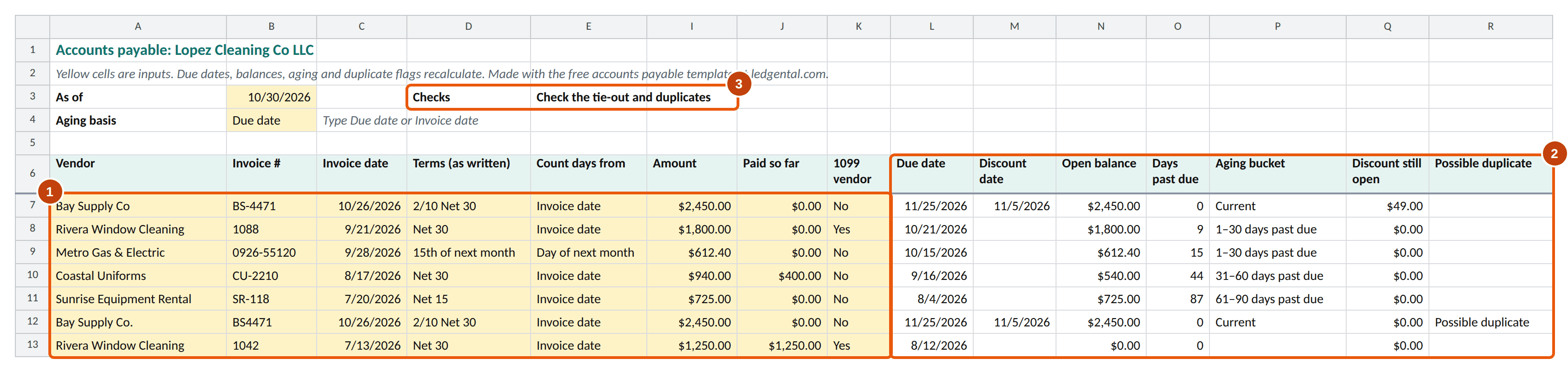 The downloaded Excel workbook's Bills sheet: yellow input columns, then due date, discount date, open balance, days past due and aging bucket as formulas