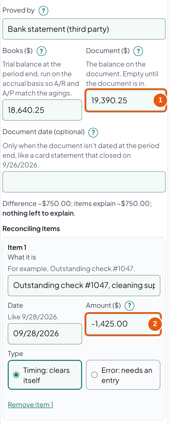 Template inputs for Business checking: books $18,640.25, bank statement $19,390.25, and outstanding check #1047 entered as -1,425.00, timing