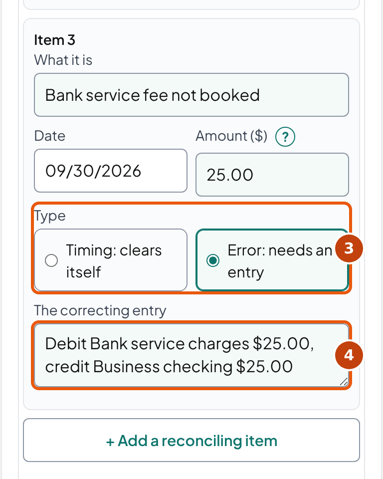 Template input for the $25.00 bank fee, marked Error, with the correcting entry written beside it