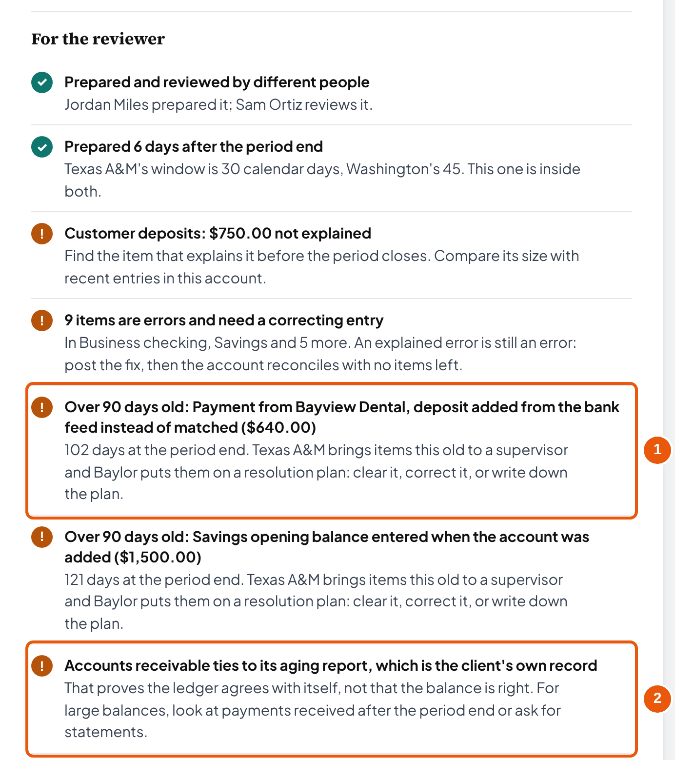 The template's reviewer list: a $640.00 payment 102 days old flagged over 90 days, and accounts receivable tied only to the client's own aging report