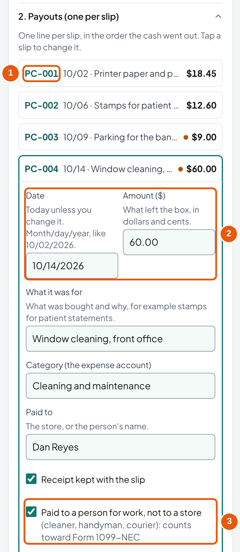 Payout list, five slips; the window cleaning slip is open with the 1099 checkbox ticked for Dan Reyes