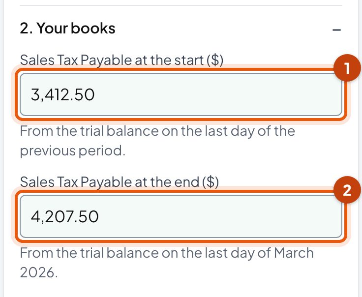 Tool inputs: Sales Tax Payable of $3,412.50 at the start of March and $4,207.50 at the end